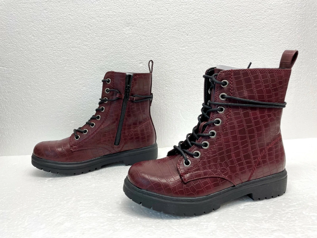 SO Bowfin Womens Burgundy Combat Boots Black Zipper Lace up Closure NEW