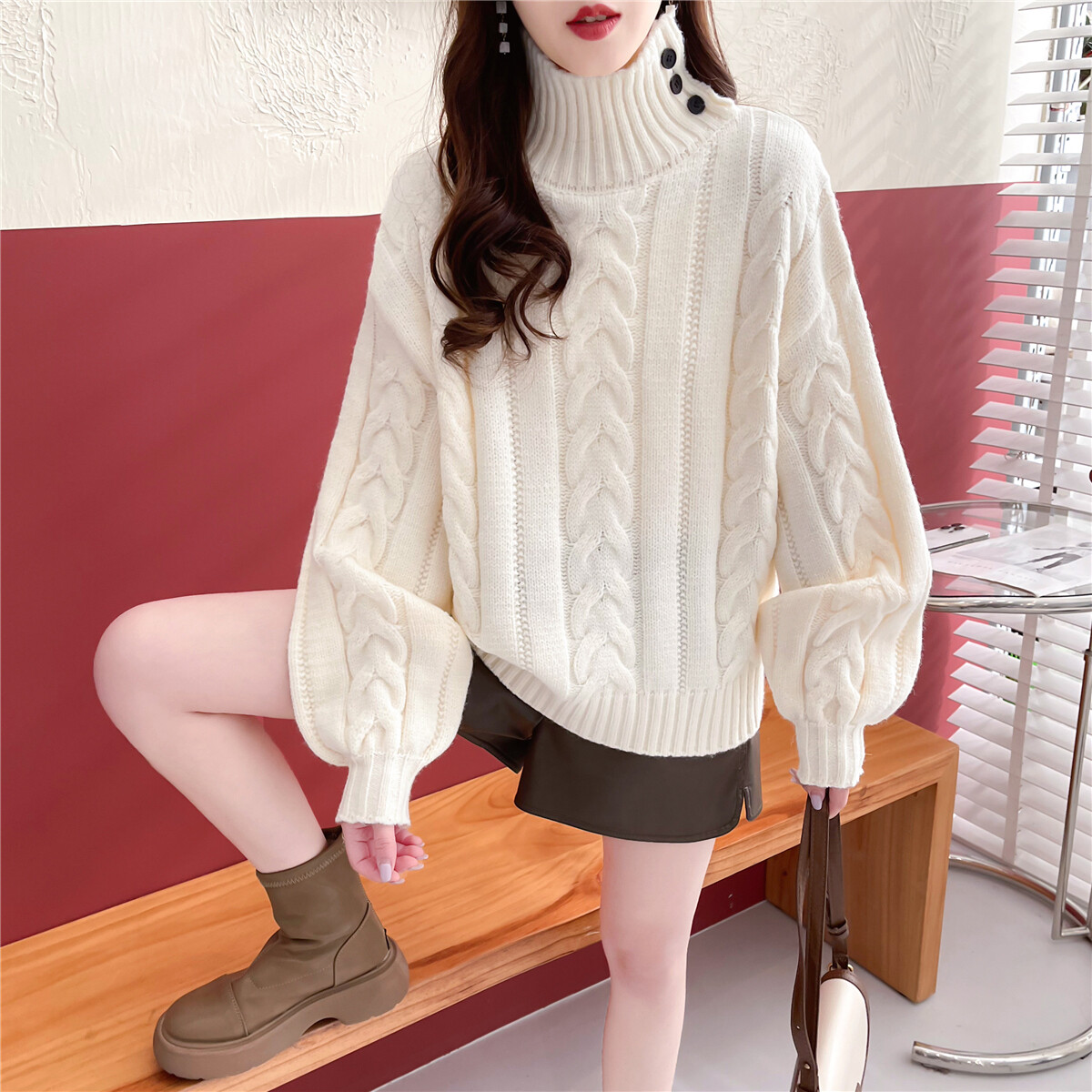 White Thick High Neck Sweater Women Winter Loose Korean Knitted