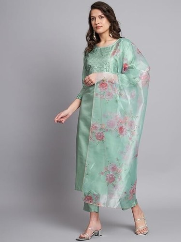 Alle Farben Seidenmischung bestickt gerade Kurta Hose Set mit Organza Dupatta - Bild 21 von 24