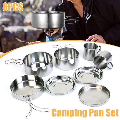 8PCS Camping Cookware Stainless Steel Outdoor Picnic Pot Cook Pan Set Hiking BBQ - Picture 12 of 12