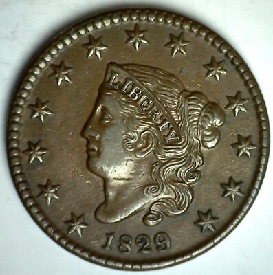 1829 Copper Coronet Head Large Cent 1c US Type Coin Almost Uncirculated