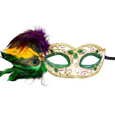 Venetian Side Peacock Feather Glitter Women Eyes Mask - White Green