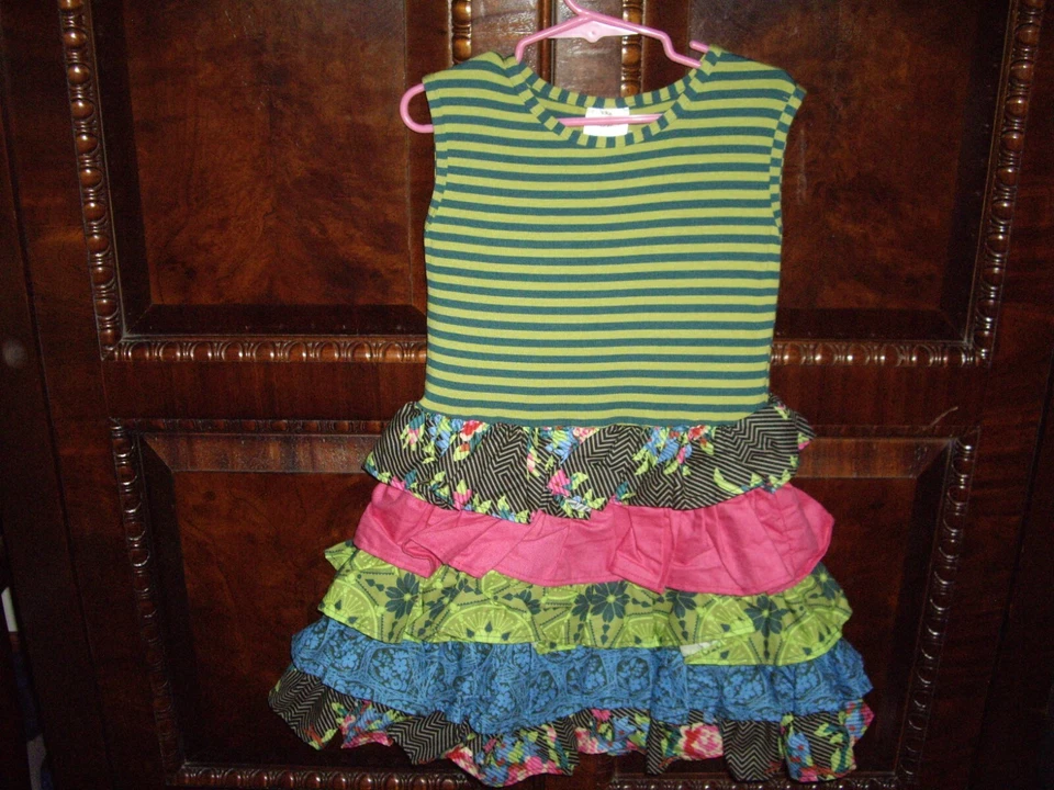 T9  NWT Girls Size 5 Boutique Persnickety Dress Mixed Pattern Ruffles Siblings - Image 2 of 4