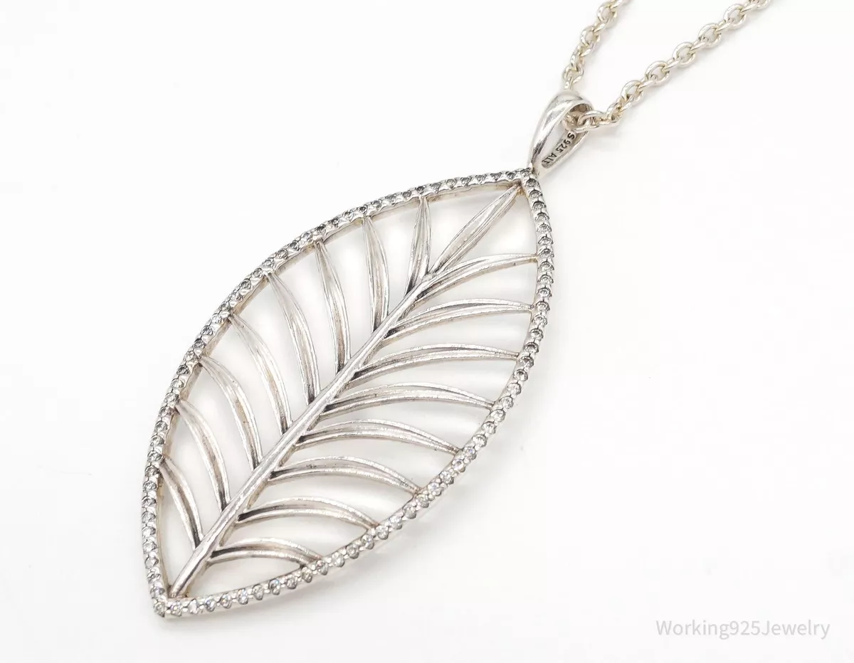 gullig glæde Opdage Designer Pandora Feather Cubic Zirconia Sterling Silver Necklace - 35&#034;  | eBay