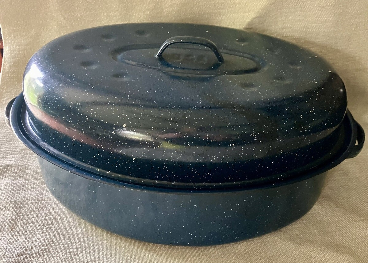 Large Roasting Pan Dark Blue Enamelware Speckled Roaster With Lid USA Made