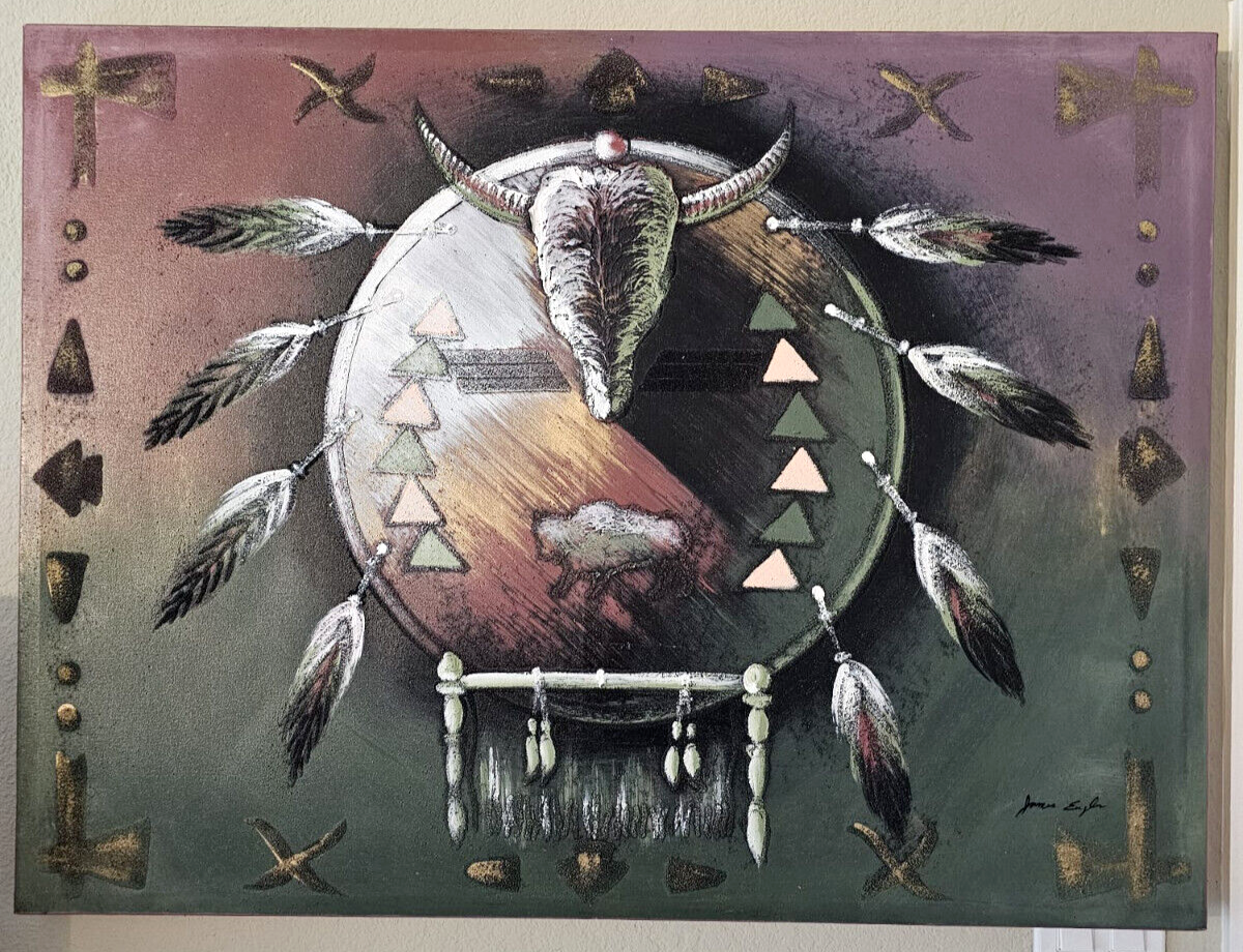ジェームズイーグル作絵画:ウェスタンカウボーイの棚ペインティング RARE James Eagles Original Native Shield Art 40x30