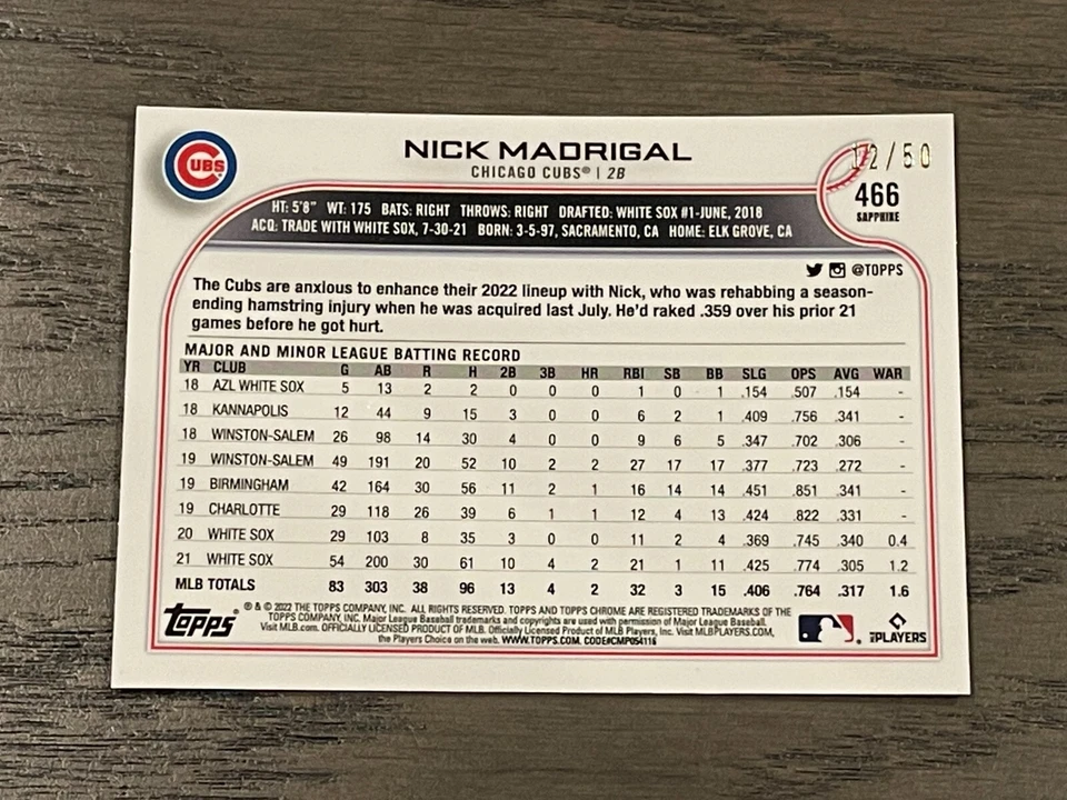 2022 Topps Chrome Sapphire Gold Refractor Nick Madrigal Future Stars #466 /50 - Image 2 of 2