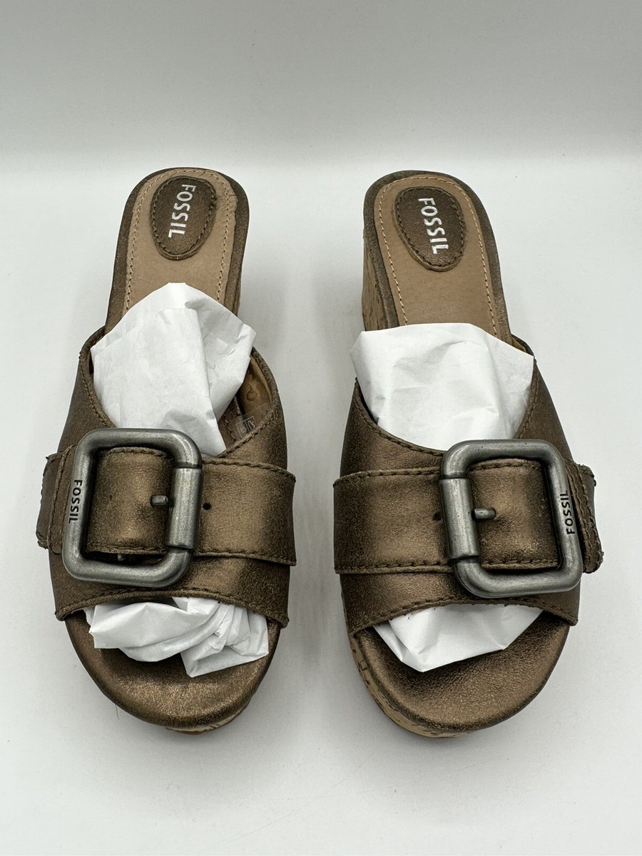 VTG Y2K Fossil Cork Wedge Sandal Copper Bronze Leather Buckle