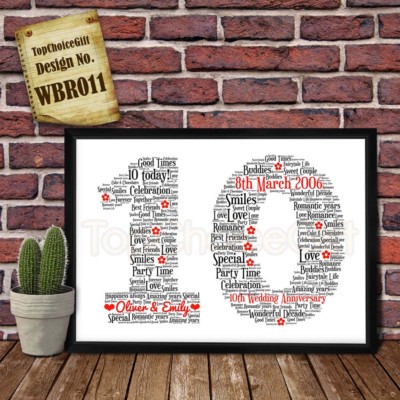PERSONALISIERT 10. Hochzeitstag Geschenk Druck Wordart Gruß Poster Geschenk