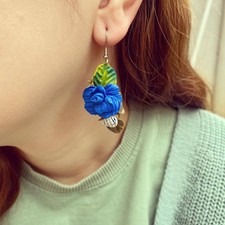 Blue flowers clay handcrafted earrings