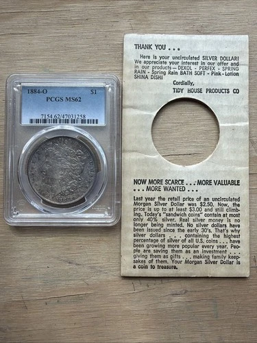 1884-O Morgan Silver Dollar PCGS MS62 - Tidy House Morgan - W/ Cardboard Flip