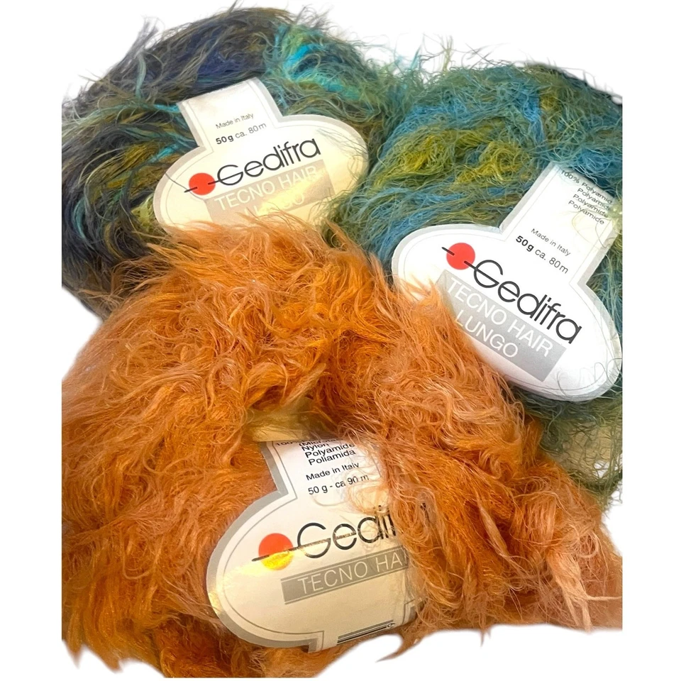 3 skeins Gedifra TECNO HAIR LUNGO Eyelash Yarn | Purple, Green, Orange - Image 2 of 4