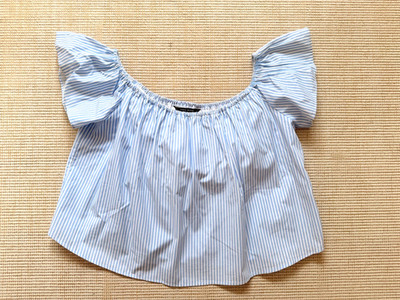 Zara Basic Bluse Blau Weiss gestreift geraffter runder Ausschnitt Gr.M