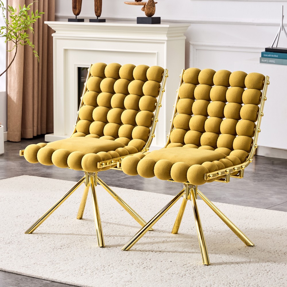 Set of 2 Yellow Puffy Bubble Chair Ball Chain Chair Velvet Dining Chairs