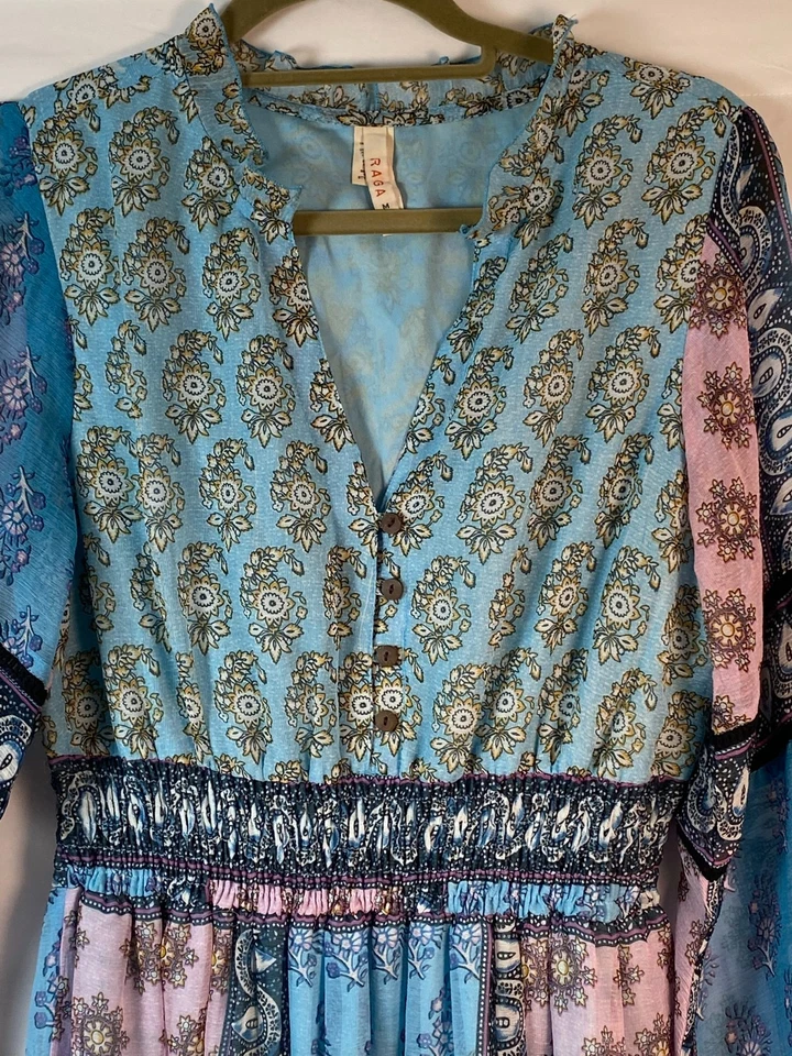 Maxi Vestido Raga Anthropologie Boho Delicado Pradera Azul Rosa Diseño Geométrico Med Foto 4 de 4