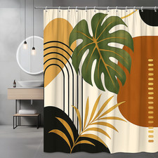 Boho Modern Shower Curtain with Tropical Plants and Gold Accents
