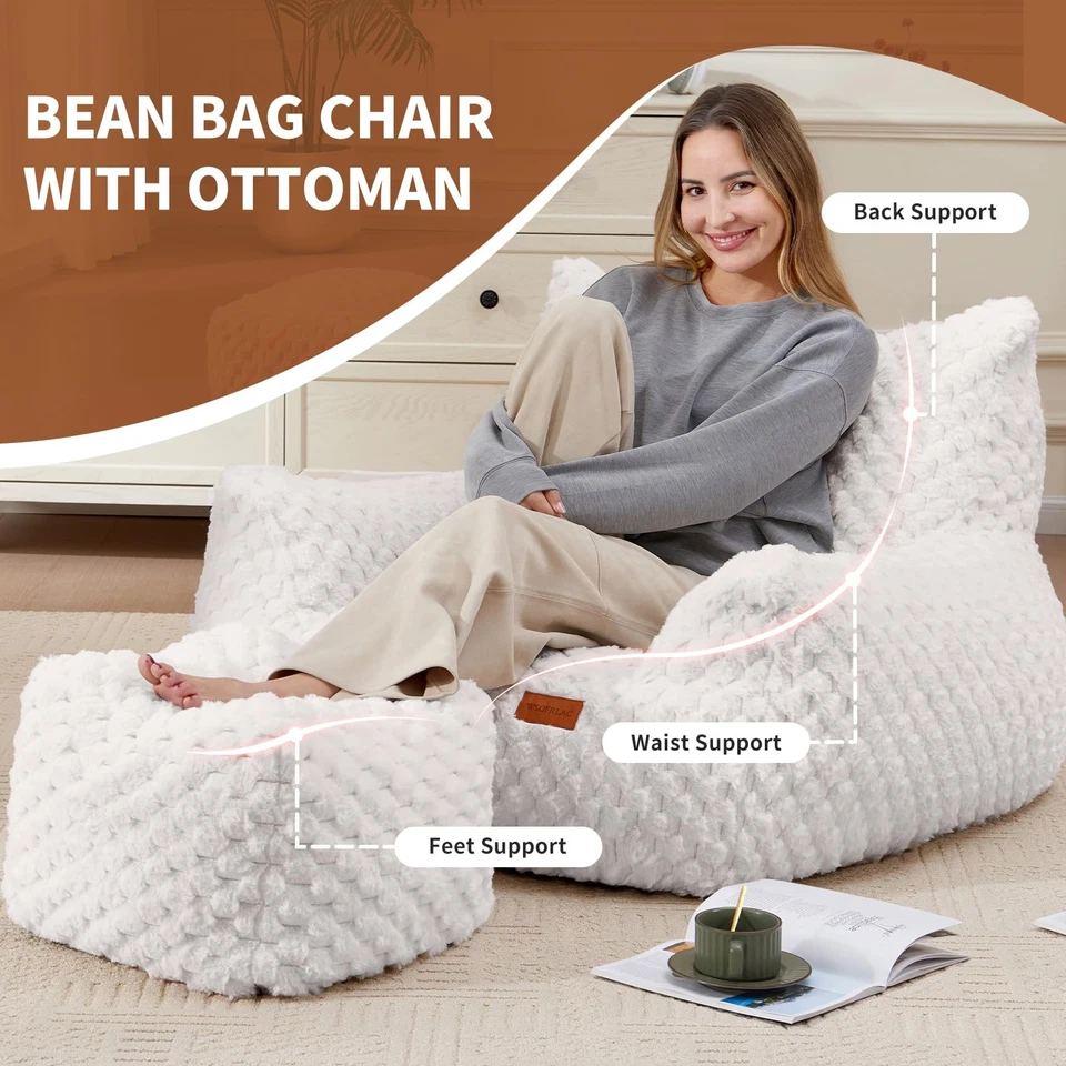 Silla Bean Bag con Otomana, Moderna Bolsa de Frijoles Gigante Sofá con Reposapiés,... Foto 3 de 4