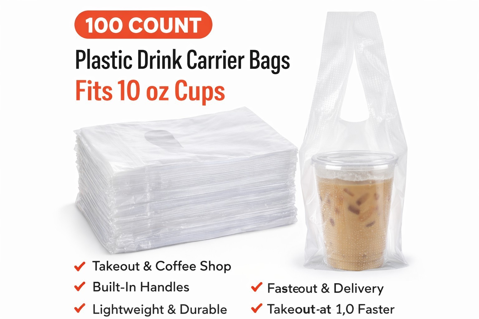 Muka 100 PCS 1 Cup Drink Carrier Cup Carrier Take Out Bags Clear Handle Plastic