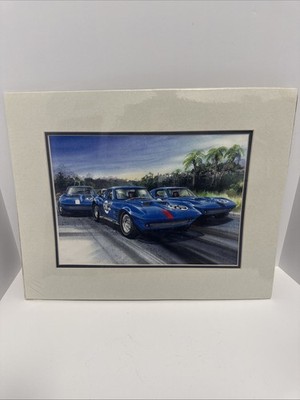 Vintage Corvette Racing Art Print Matted Sealed Blue C2 Stingray Wall Decor