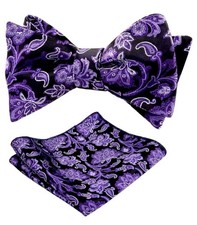 Men's Bow Tie Dark Purple And Purple Floral With Matching Handkerchief Self Tie