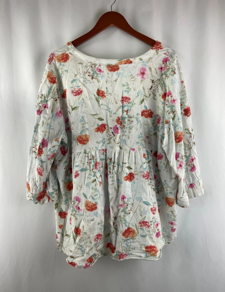 Blusa para mujer Jones New York blanca floral de lino talla 1X Cottagecore agujero fluido Foto 2 de 4