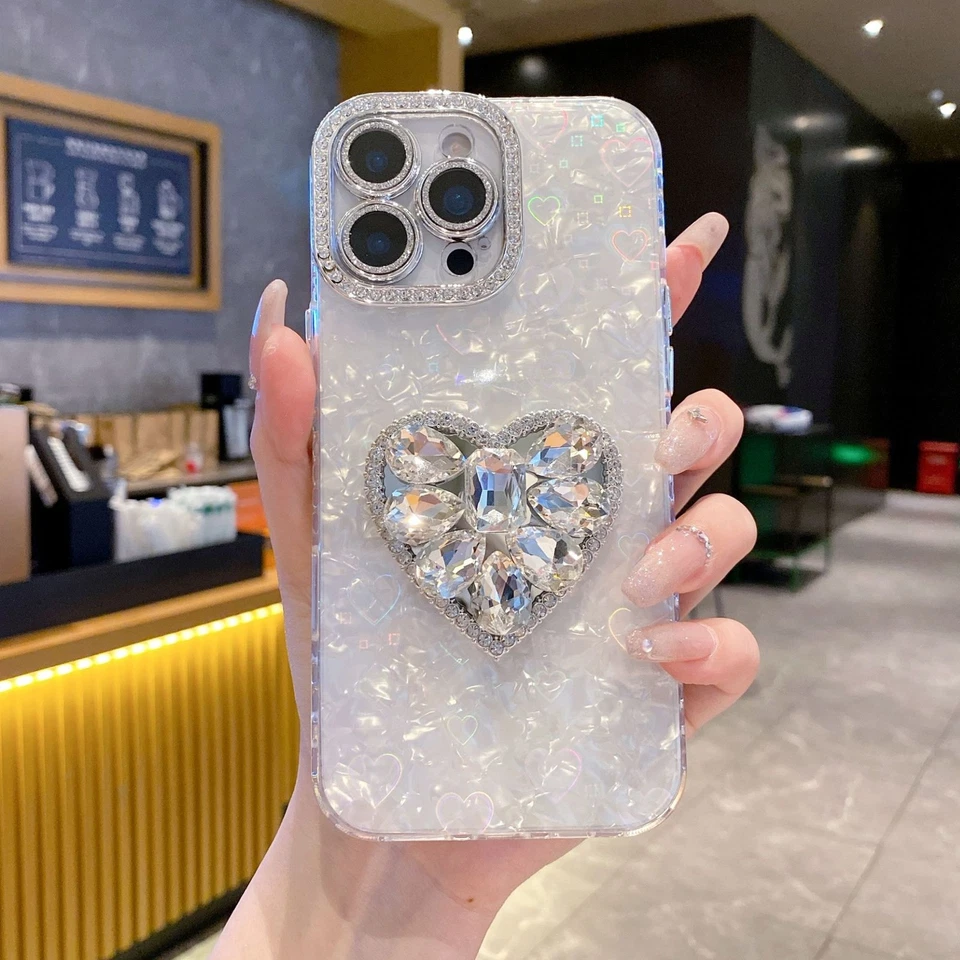 For iPhone 17 Pro Max Case 3D Shell with Rhinestone Hearts Luxury Glitter Cover - Image 3 of 4