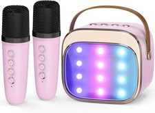 FLUESTON Mini Karaoke Machine for Kids Adults, Portable Bluetooth Pink 2 Mic