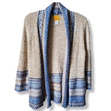 Women Beige Blue Aztec Knit Cardigan Sweater M Cotton Coastal Cowgirl Western