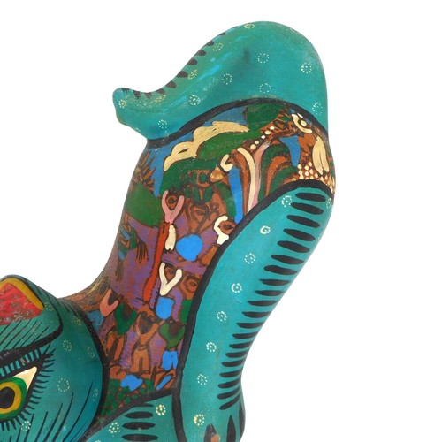 Blue Hand Painted Terracotta Cat Figurine Whimsical Festival Mexico Folk Art 6" - Picture 7 of 10