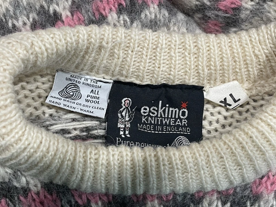 Suéter Vintage Tejido Esquimal 100% Lana Rosa Gris Marfil Fair Isle XL Inglaterra Foto 3 de 3
