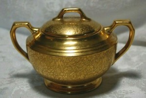 Gold Sugar Bowl by Wheeling Decorating Glass D-11 Pattern China with Lid Vintage