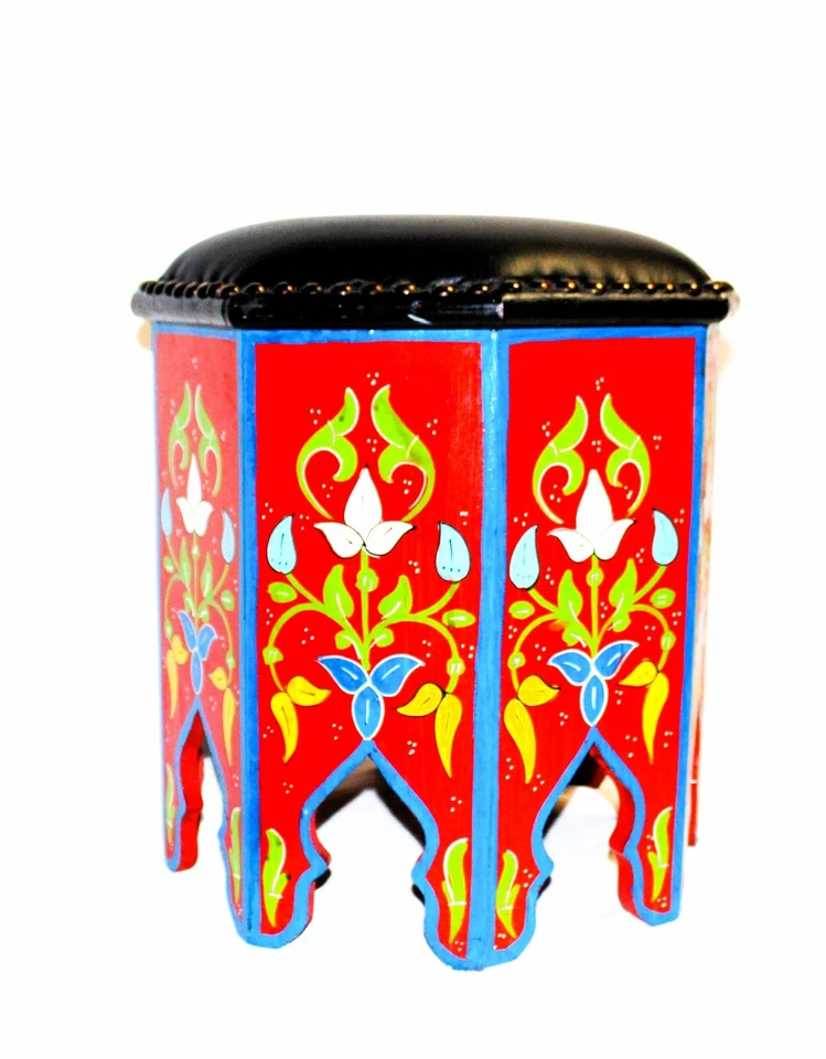 Footstool Handmade Painted Wood Leather Top Red Black Vanity Stool Moroccan - Image 3 of 4