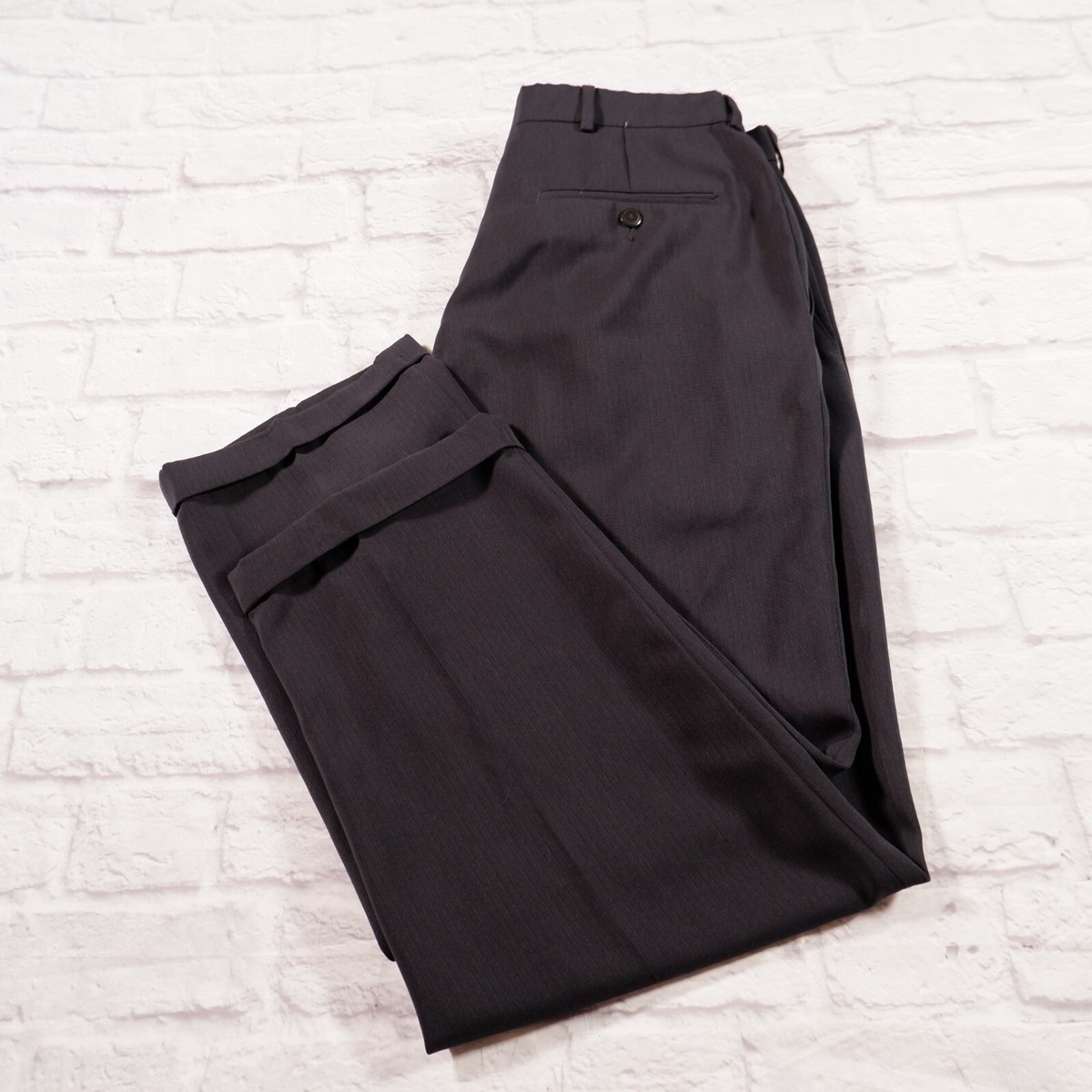 Haggar Q Navy Blue Pleated Cuffed Polyester Mens Dress Pants 34 x 29