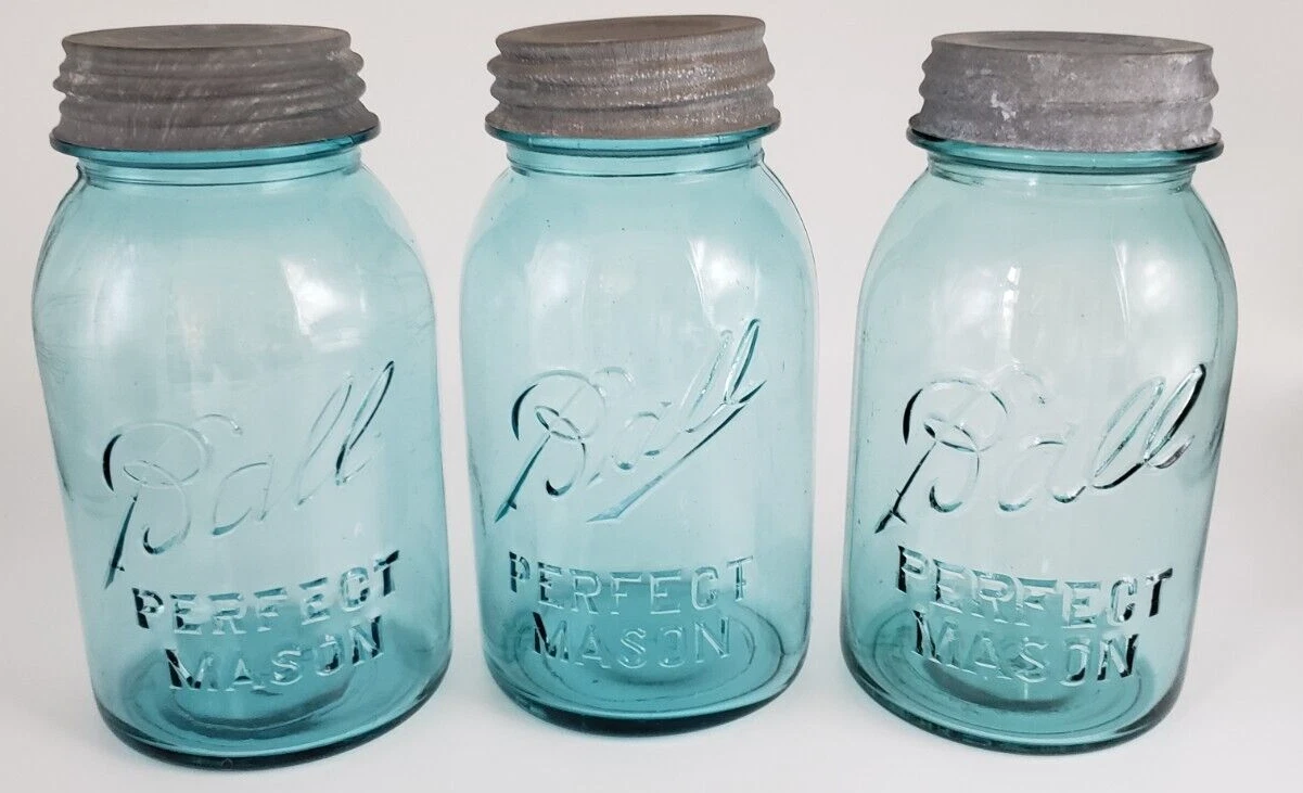 Lot of 3 Vintage Ball Blue Glass Mason Canning Jars w/ Zinc Lids - #8, #14, #15