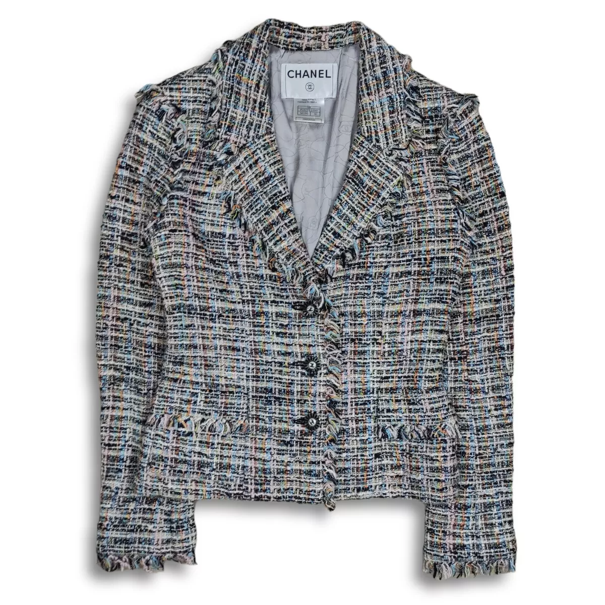 Vintage 04p CHANEL multicolour fantasy tweed fringed edge button front  jacket Cc