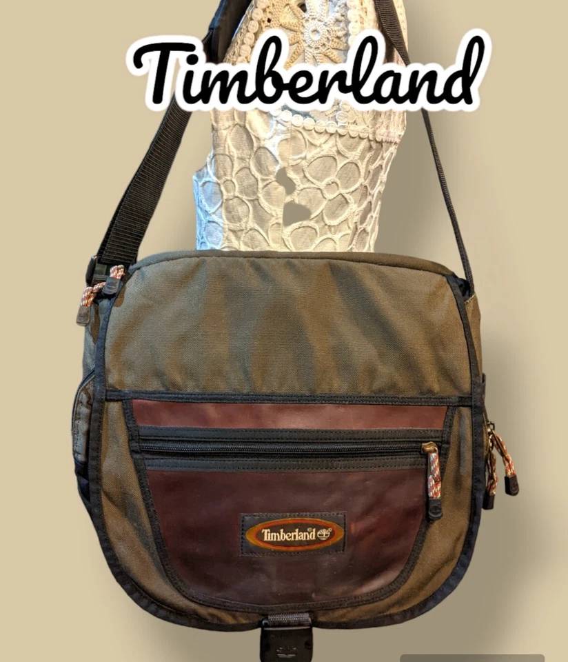 TIMBERLAND Brown Leather Army Green Canvas Lg Messenger Flap Briefcase Bag🌟RARE - Image 3 of 4