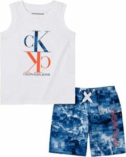 Calvin Klein Boys White  Blue 2pc Board Short Set Size 2T 3T 4T 4 5 6 7