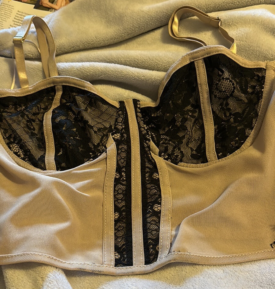Haute Monde Tan Black lace Bustier Corset Bralette Si… Gem