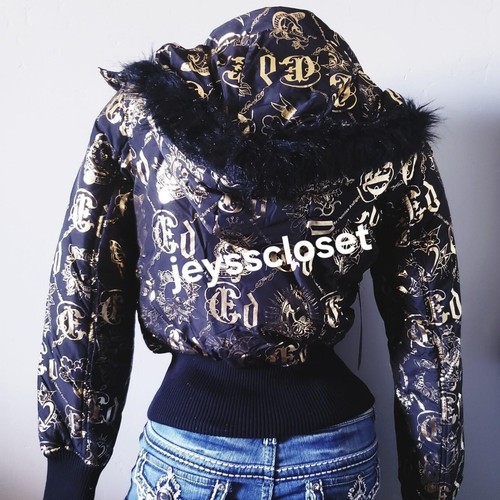 New y2k Ed Hardy Faux Fur Hoodie Puffer jacket large - Picture 2 of 6