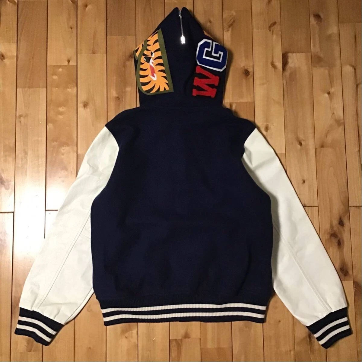 BAPE sleeve leather shark hoodie varsity jacket navy A Bathing Ape