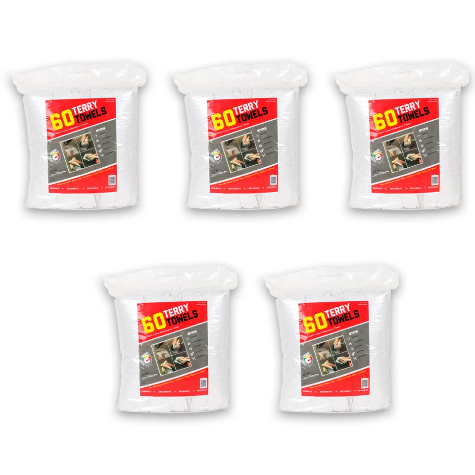 Estojo de 300 toalhas Terry - 5 sacos de 60 trapos de limpeza para todos os fins - Branco - Imagem 2 de 4