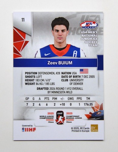 2025 BY Cards IIHF World Junior Championship USA #11 Zeev Buium - Picture 2 of 2