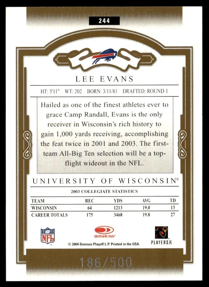 2004 Donruss Classics Lee Evans RC 186/500 #244 - Image 2 of 2