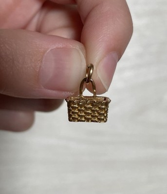 Vintage Sterlingsilber goldfarben geflochten Korb Longaberger Hänger Charm 0,5'' LESEN
