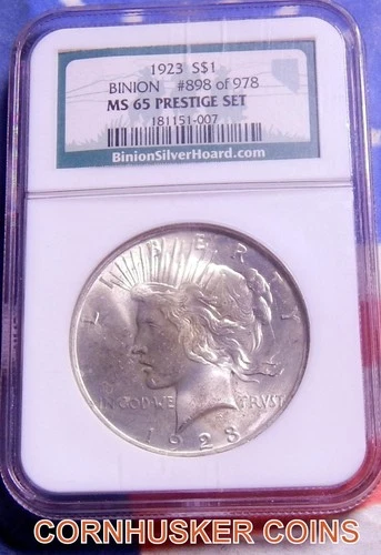 1923 BINION HOARD COLLECTION PEACE SILVER DOLLAR MS 65 ~ BRIGHT COIN 👀