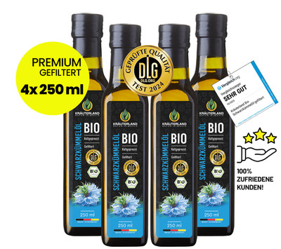 KRÄUTERLAND Bio Schwarzkümmelöl 1L gefiltert ägyptisch kaltgepresst 4x250ml