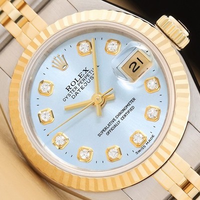 ROLEX LADIES DATEJUST ICE BLUE DIAMOND TWO TONE 18K YELLOW GOLD 69173 WATCH