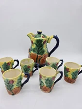 Antique WW1 Japan Hand Painted Cabbage Pottery Tea/ Cocoa Pitcher Cups Set of 8