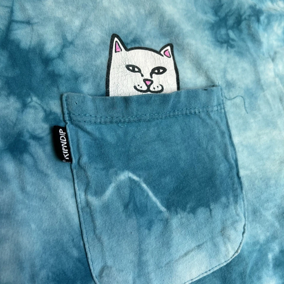 RipNdip Lord Nermal Tee Shirt Sz M Blue Washed Pocket T-Shirt Tee Tie Dye FLAWS - Image 3 of 4