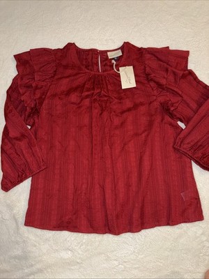 Universal Thread XXL Deep Red Textured Blouse NWT 3/4 Sleeve Ruffle Shoulder Top